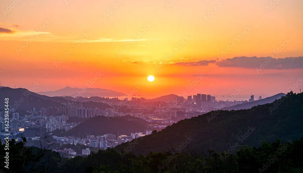 Fototapeta premium City sunset over hills