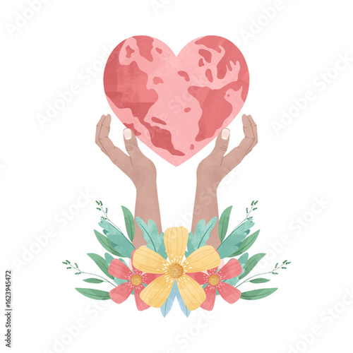 Symbolic watercolor of hands holding a heart-shaped Earth globe, surrounded by flowers. A concept of environmental care and global love.