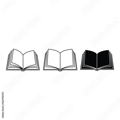 Art of three open books in a row, one black, one white, and one outline, isolated on white background