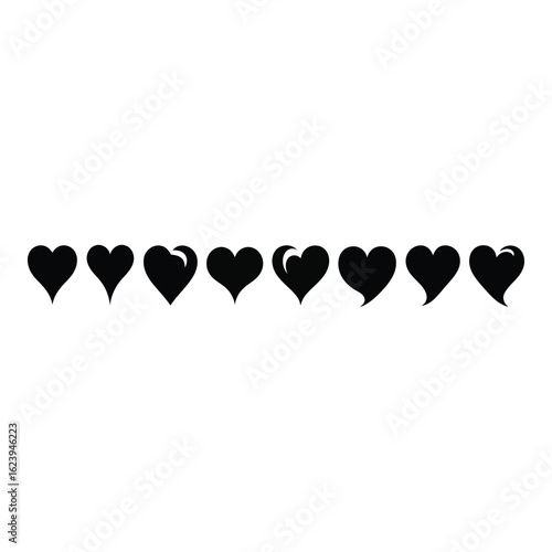 Art of a row of diverse black heart shapes isolated on a white background, symbolizing love and affection in various forms