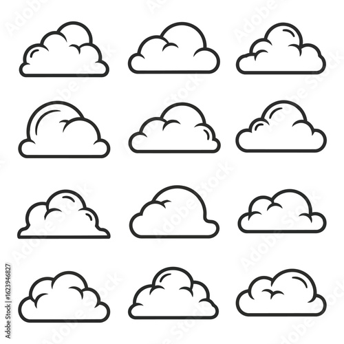 Art of collection of stylized cloud icons with black outlines on a clean white background, representing various weather conditions and atmospheric elements