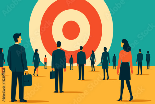 Vector illustration of a group of business professionals standing in front of a giant target symbol, representing team alignment. Concept of business goals, corporate vision and strategic focus
