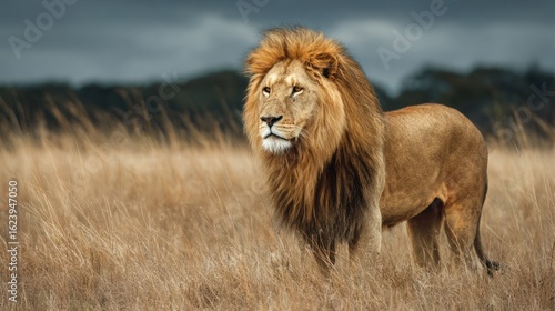 Wallpaper Mural A majestic male lion stands tall in a field of tall grass, gazing off into the distance Torontodigital.ca