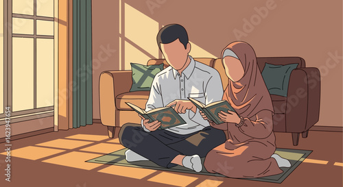 Muslim Couple Reading Holy Books at Home in Sunlight, Islamic Family Studying Religious Texts