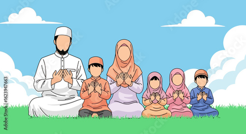 United Muslim Family Praying Outdoors. Parents and children making dua, symbolizing Islamic faith, devotion, and cultural unity.