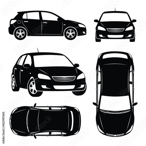 Art of collection of car silhouettes from various angles including side, front, and top views, isolated on white background