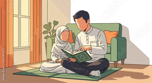 Muslim father teaching daughter to read Quran at home. Islamic family learning and religious education concept.
