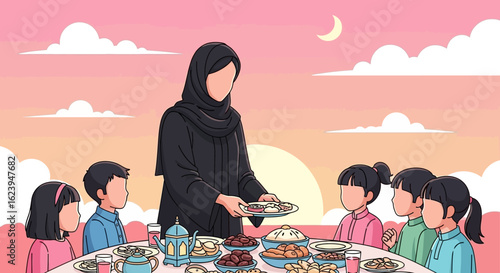 Muslim Woman Serving Iftar Meal to Children during Ramadan at Sunset, Family Gathering, Cultural Tradition Illustration