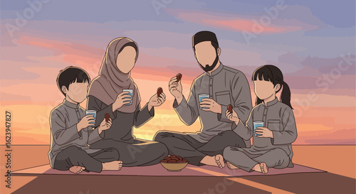 Muslim Family Iftar Celebration at Sunset. Breaking Fast with Dates and Water during Ramadan