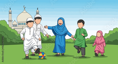Happy Muslim Kids Playing Soccer on Green Field with Mosque in Background