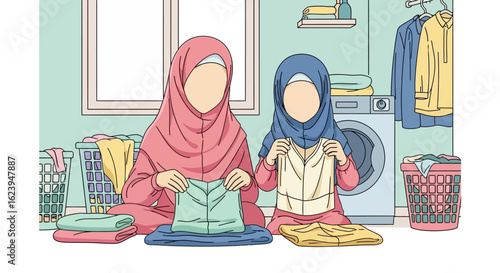 Muslim Women in Hijab Folding Laundry Together at Home - Domestic Chores and Family Life