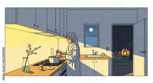 Woman in hijab cooking in quiet kitchen at night, moonlit window, peaceful domestic scene, flat illustration.