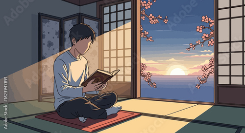 Tranquil Sunset Reading in Traditional Japanese Room with Sakura and Ocean View