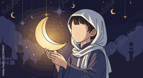 Person in headscarf holding glowing crescent moon, starry Islamic night sky with mosque silhouettes