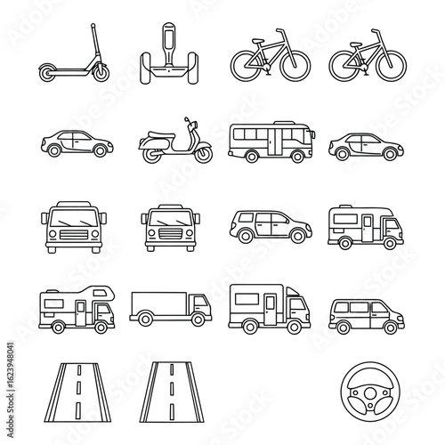 Art of collection of various transportation vehicles and modes of transport, including cars, buses, scooters, and bicycles, isolated on white background