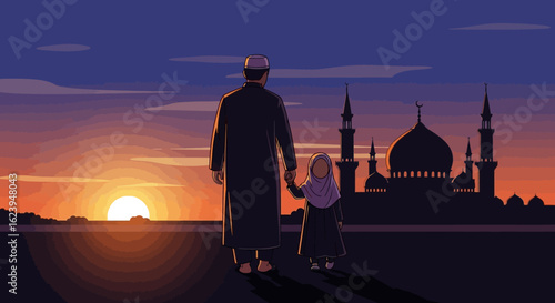 Muslim father and daughter holding hands, walking towards mosque at sunset