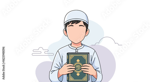 Young Muslim Boy Holding Quran for Islamic Education and Prayer