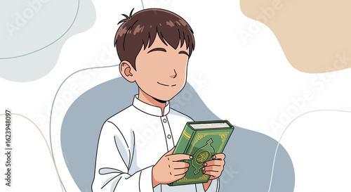 Smiling Young Muslim Boy Holding Holy Book. Peaceful Child Learning Quran. Islamic Education and Spirituality Illustration.