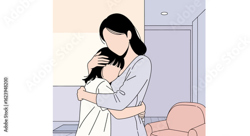 Loving Mother Embracing Child at Home. Comfort, Care, and Family Bond. Minimalist Illustration of Parental Affection.