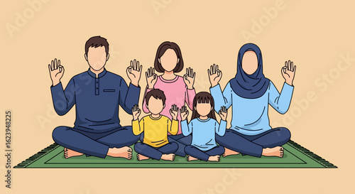 Family on prayer mat with raised hands, practicing spiritual devotion, mindfulness, or gratitude together. Unity and well-being.
