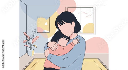 Mother and child hugging in a cozy home. Minimalist illustration of love, care, and family bond.