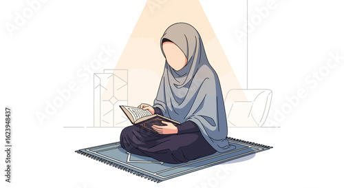 Muslim Woman in Hijab Reading Sacred Book on Prayer Mat, Spiritual Devotion