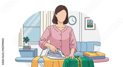 Domestic Chores: Woman Ironing Clothes in Living Room. Daily Routine Illustration.