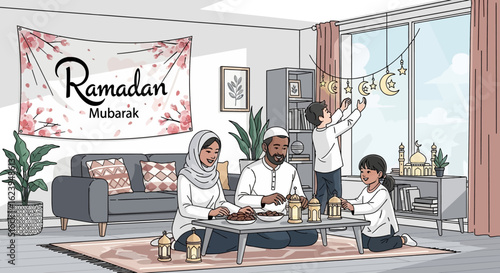 Muslim Family Celebrating Ramadan Mubarak at Home, Decorating and Preparing Iftar Meal Together