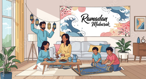 Muslim Family Preparing for Ramadan Mubarak at Home: Decorating, Setting Up Iftar & Prayer Space