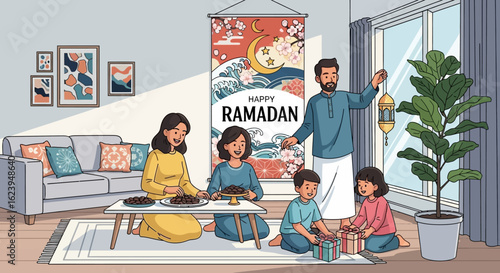 Happy Ramadan Family Celebration at Home. Parents and Children Enjoying Festivities with Gifts, Dates, and Lanterns.