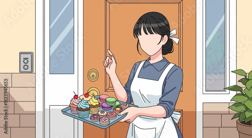 Home Baker in Apron Offering Tray of Colorful Desserts at Front Door