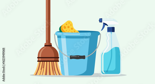 Cleaning supplies featuring a broom bucket sponge and spray bottle arranged on a light background