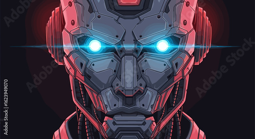 A detailed illustration of a futuristic robot with glowing blue eyes and metallic body armor design