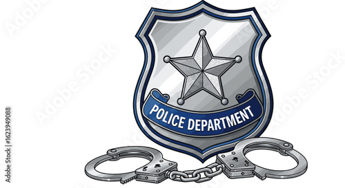 Police department badge with star and handcuffs representing law enforcement and criminal justice system security
