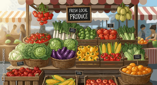 Illustration of a farmers market stand full of fresh produce including fruits and vegetables display