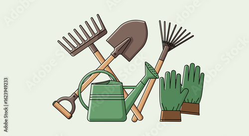 Illustration of gardening tools including rakes shovel watering can and gloves in a neat arrangement