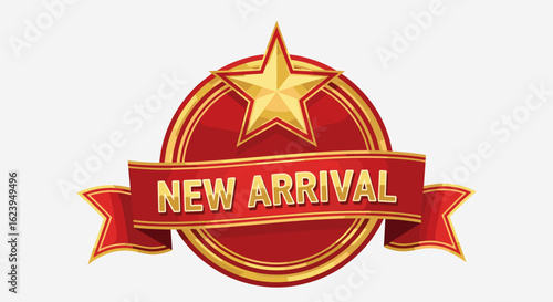 New arrival badge with gold star on red oval and ribbon banner with gold text and trim design element