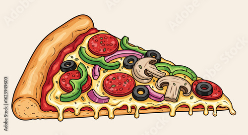 Illustration of a pizza slice with pepperoni mushrooms olives and peppers on a light background color