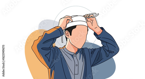 Man Putting On White Kufi Cap Illustration for Prayer or Cultural Event