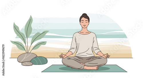 Woman meditating in lotus position on a mat with plant and stones in front of a beach background scene