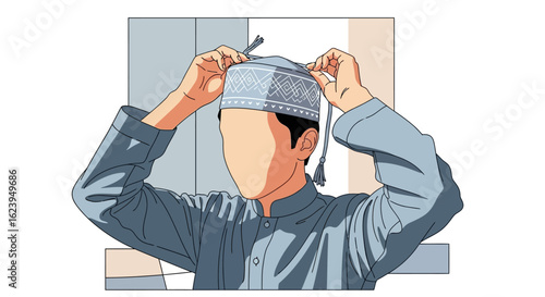 Man Adjusting Traditional Islamic Prayer Cap Illustration