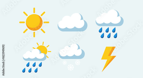 Weather icons featuring sun clouds rain and lightning representing various weather conditions and forecasts