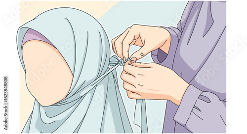 Hands Tying a Hijab Headscarf Illustration for Modest Fashion and Cultural Practice