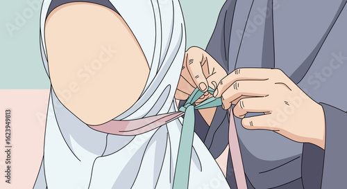 Close-up of Hands Tying Decorative Ribbon on a White Hijab Headscarf, Modest Fashion Illustration