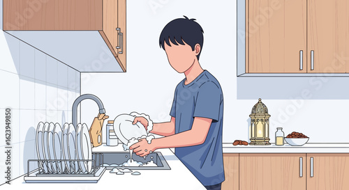 Young Person Washing Dishes in Kitchen with Ramadan Decorations. Household Chores & Daily Routine Vector.