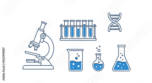 Illustration of laboratory equipment including a microscope test tubes and flasks with blue liquid
