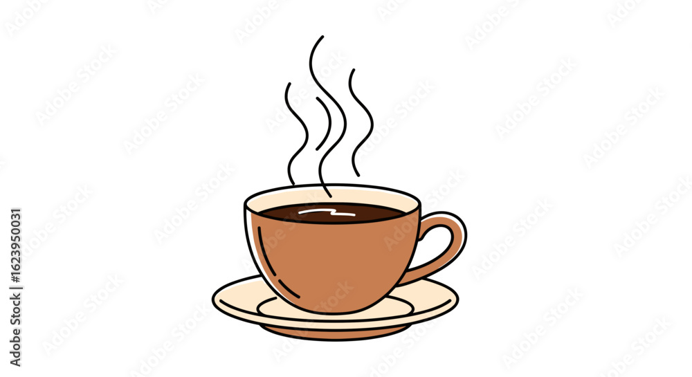 Fototapeta premium Illustration of a steaming brown coffee cup sitting on a saucer with white background simple design