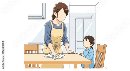Mother and Child Cleaning Kitchen Table. Domestic chores, family life, routine, and home care illustration.