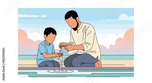 Muslim Father Teaching Son Wudu Ablution Ritual Illustration