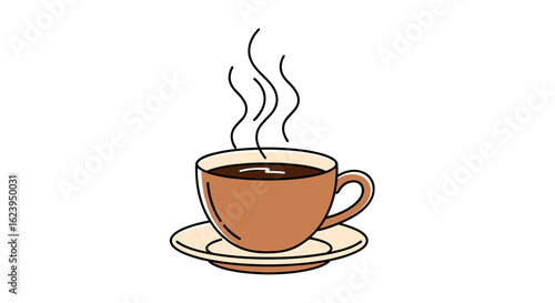 Illustration of a steaming brown coffee cup sitting on a saucer with white background simple design
